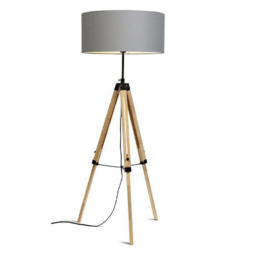 Lampadaire trépied en bois et métal noir abat jour en coton gris clair - Darwin