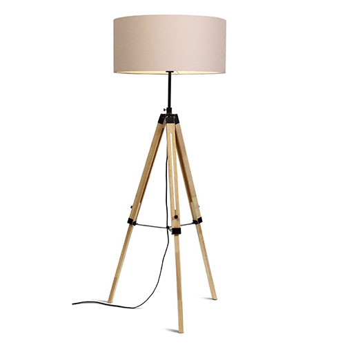 Lampadaire trépied en bois et métal noir abat jour en coton taupe - Darwin