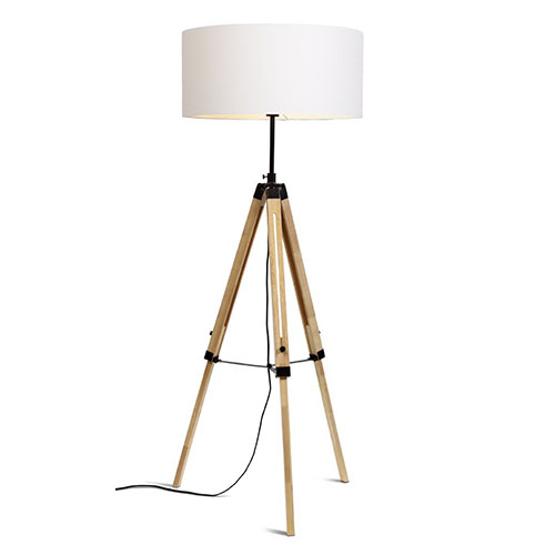 Lampadaire trépied en bois et métal noir abat jour en coton blanc - Darwin