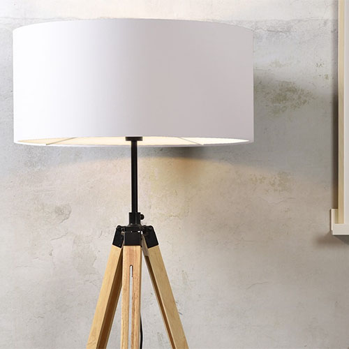 Lampadaire trépied en bois et métal noir abat jour en coton blanc - Darwin