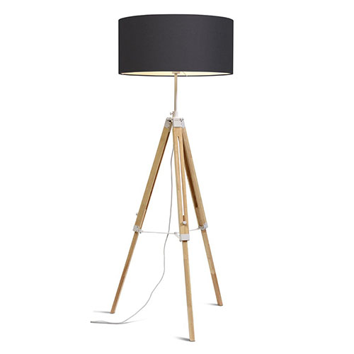 Lampadaire trépied en bois et métal blanc abat jour en coton gris foncé - Darwin