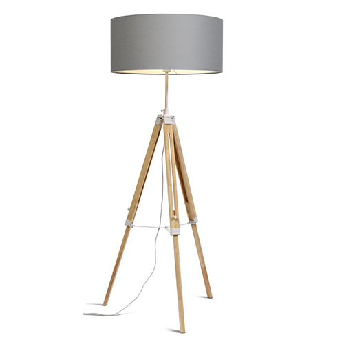 Lampadaire trépied en bois et métal blanc abat jour en coton gris clair - Darwin