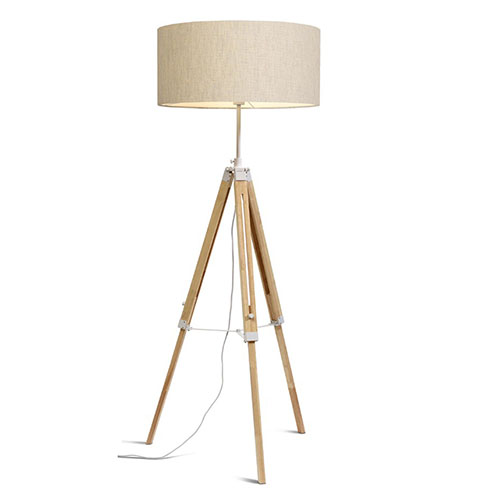 Lampadaire trépied en bois et métal blanc abat jour en coton lin clair - Darwin