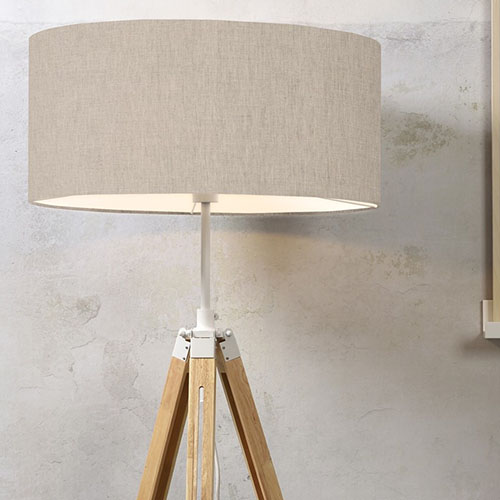 Lampadaire trépied en bois et métal blanc abat jour en coton lin clair - Darwin