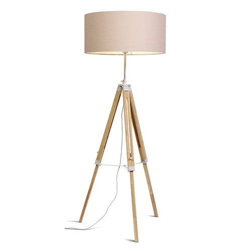 Lampadaire trépied en bois et métal blanc abat jour en coton taupe - Darwin