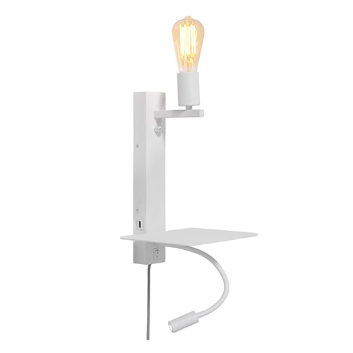 Applique en métal blanc avec lampe de lecture, port USB et étagère - Florence