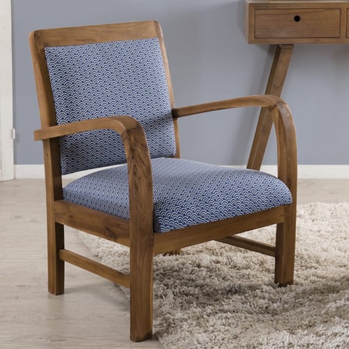 Fauteuil en teck et coton imprimé bleu - Collection Dak