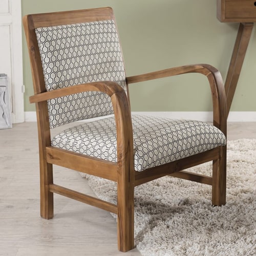 Fauteuil en teck et coton imprimé beige - Collection Dak