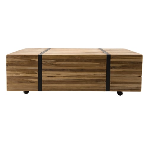 Table basse avec roulettes en teck recyclé cerclée de métal - Sam