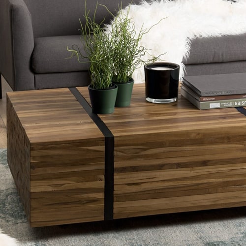 Table basse avec roulettes en teck recyclé cerclée de métal - Sam