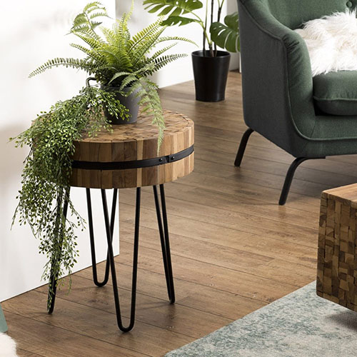 Table d'appoint ronde en teck recyclé piètement épingle en métal - Collection Sam