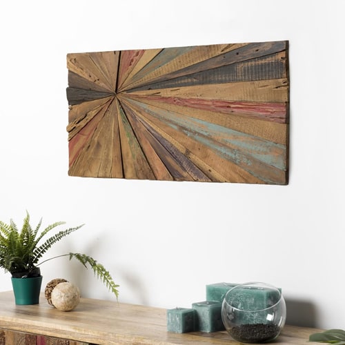 Décoration murale rectangulaire 100x40cm en teck recyclé multicolore - Sam