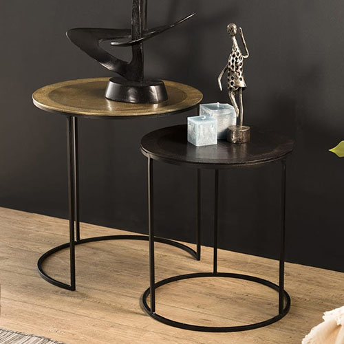 Lot de 2 tables gigognes rondes en aluminium doré et noir - Collection Johan