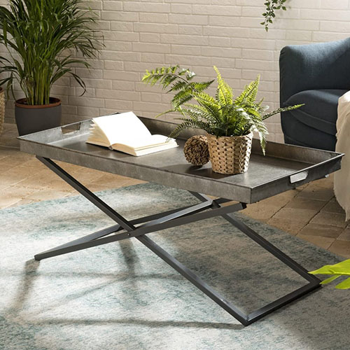 Table basse plateau en zinc piètement tréteau en métal - Collection Helena