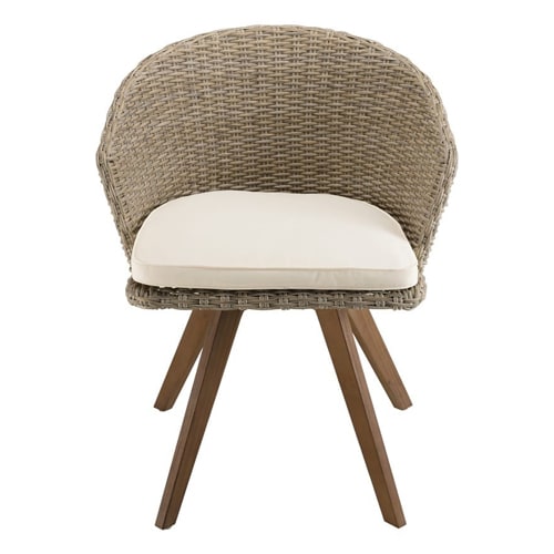 Fauteuil de jardin en rotin synthétique avec coussin écru piètement en acacia - Collection Vick