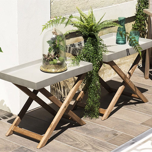 Lot de 2 tables basses de jardin effet béton piètement en acacia - Victor