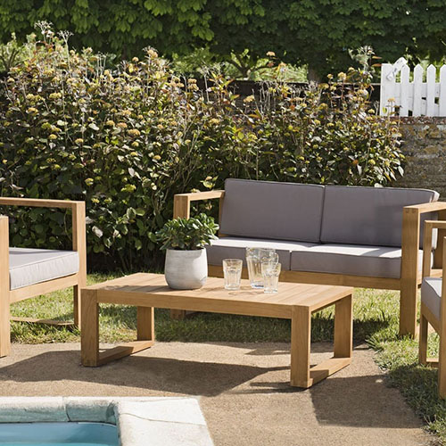 Salon de jardin 4 places en teck avec coussins taupe - Collection Ibiza