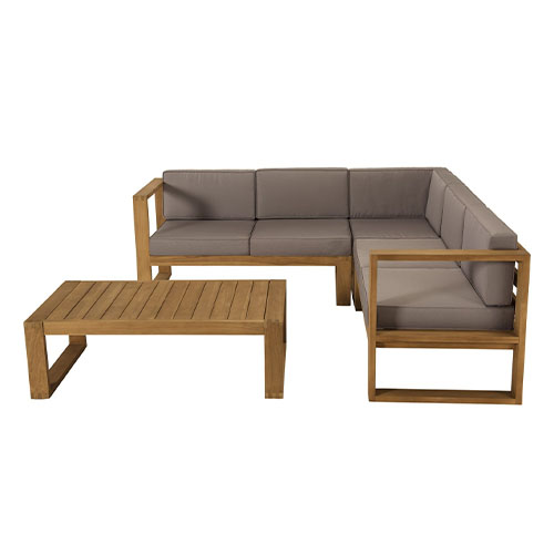 Salon de jardin 5 places en teck avec coussins taupe - Collection Minorque