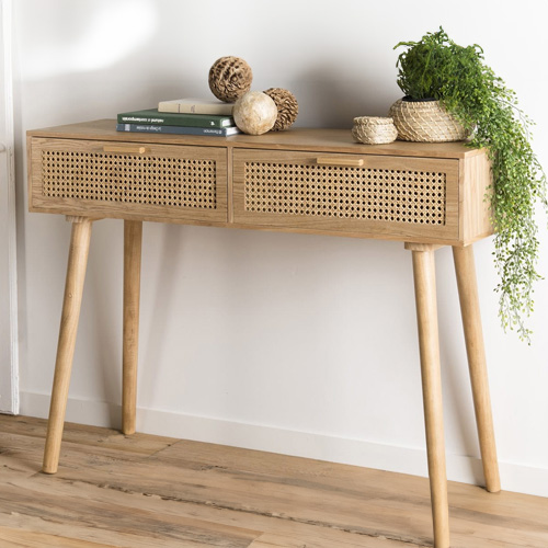 Console 2 tiroirs en bois naturel et rotin - Rodrigue