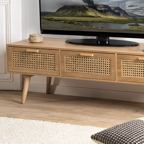 Meuble TV 3 tiroirs en bois naturel et rotin - Rodrigue