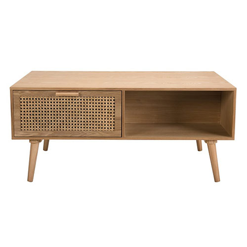 Table basse 2 tiroirs 2 niche en bois naturel et rotin - Rodrigue