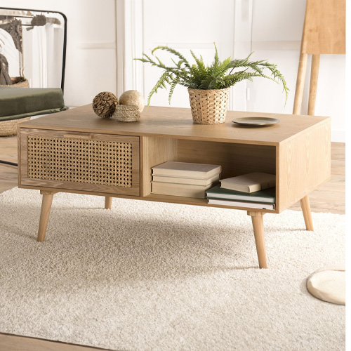 Table basse 2 tiroirs 2 niche en bois naturel et rotin - Collection Rodrigo