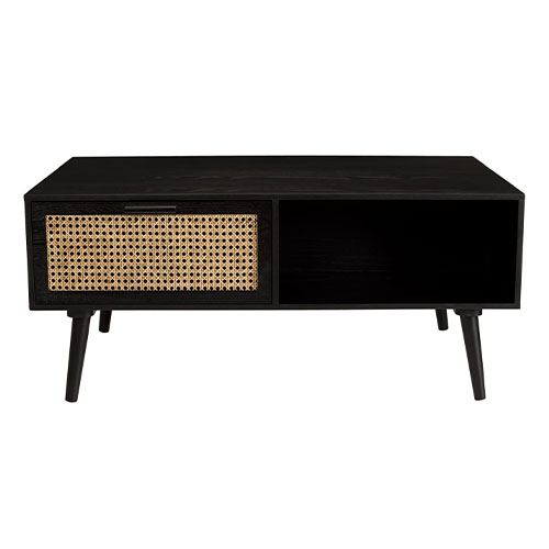 Table basse 2 tiroirs 2 niche en bois noir et rotin - Collection Rodrigo