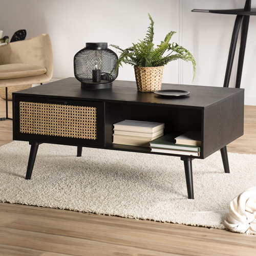 Table basse 2 tiroirs 2 niche en bois noir et rotin - Rodrigue