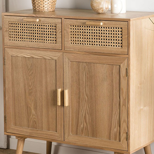 Buffet en bois naturel 2 portes 2 tiroirs en rotin - Collection Rodrigo