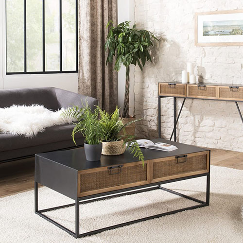 Table basse rectangulaire en métal noir 2 tiroirs en rotin - Victoria