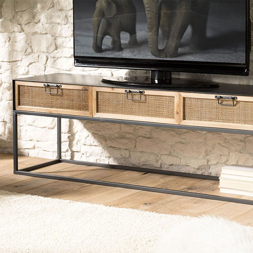 Meuble TV en métal noir 3 tiroirs en rotin - Collection Doria