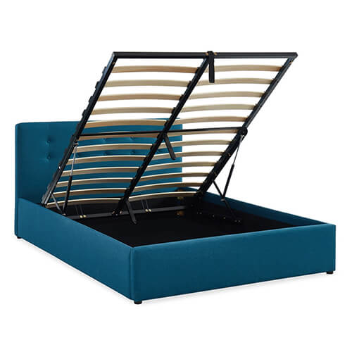 Lit coffre 140x190 en tissu bleu canard avec tête de lit et sommier à lattes - Tina