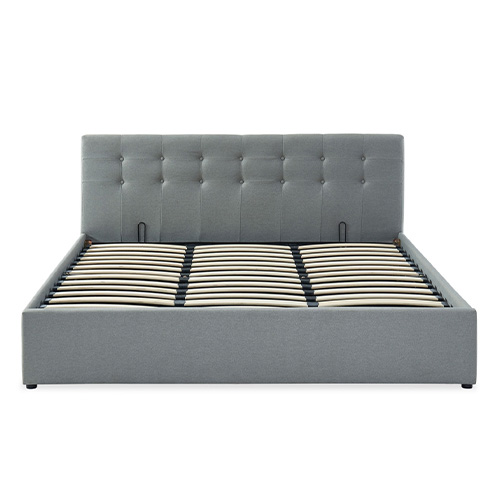 Lit coffre 180x200 en tissu gris clair avec tête de lit et sommier à lattes - Tina