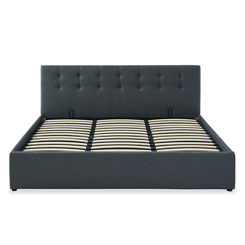 Lit coffre 180x200 en tissu gris anthracite avec tête de lit et sommier à lattes - Tina