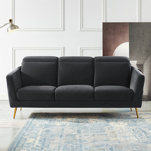 Canapé scandinave 3 places en velours gris avec têtières relevables et piètement en métal doré - Collection Luna