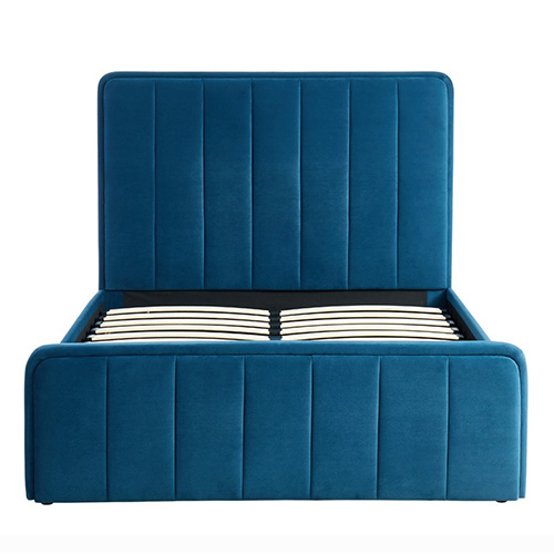 Lit coffre 140x190cm en velours bleu canard avec tête de lit + sommier à lattes - Collection Bold