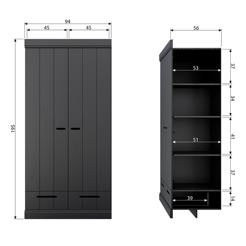 Armoire 2 portes 2 tiroirs en pin noir - Collection Connect - Woood