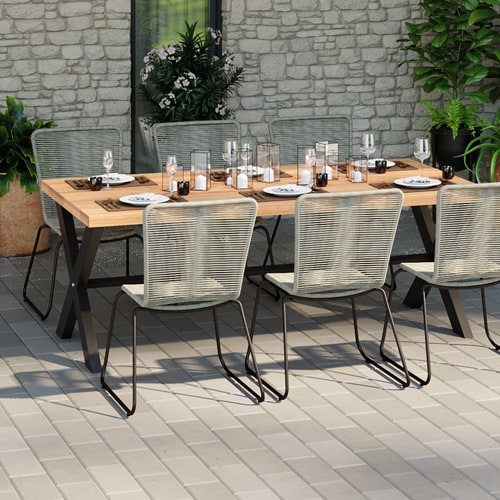 Salon de jardin Bali en corde et teck : table + 8 chaises - Achat/vente de  Mobilier de jardin pas cher - Cemonjardin