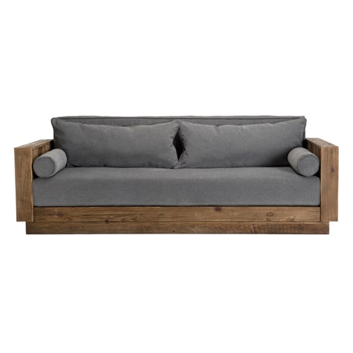 Canapé droit 3 places en pin recyclé et tissu gris - Sandy