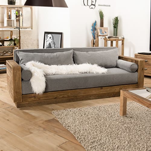 Canapé droit 3 places en pin recyclé et tissu gris - Sandy
