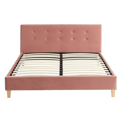 Lit adulte avec tête de lit capitonnée en velours rose blush - sommier à lattes 140x190cm - Collection Milo