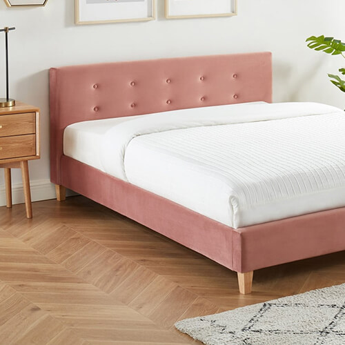 Lit adulte avec tête de lit capitonnée en velours rose blush - sommier à lattes 140x190cm - Collection Milo