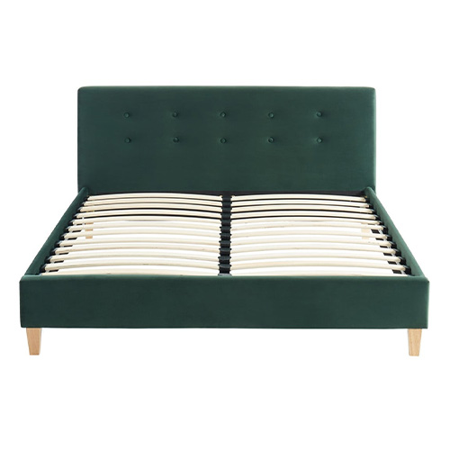 Lit adulte avec tête de lit capitonnée en velours vert bouteille - sommier à lattes 140x190cm - Milo