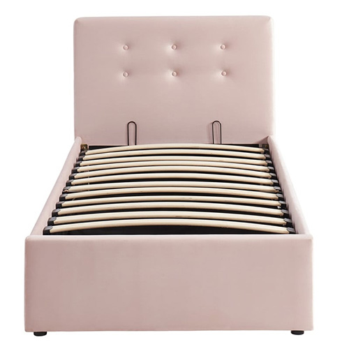 Lit coffre simple 90x190 en velours rose poudré avec tête de lit et sommier à lattes - Collection Tina