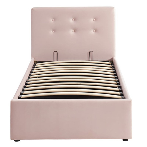 Lit coffre enfant 90x190 en velours rose poudré avec tête de lit, sommier à lattes et rangement - Collection Tina