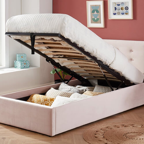Lit coffre enfant 90x190 en velours rose poudré avec tête de lit, sommier à lattes et rangement - Collection Tina