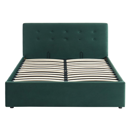 Lit coffre 140x190 en velours vert avec tête de lit et sommier à lattes - Collection Tina