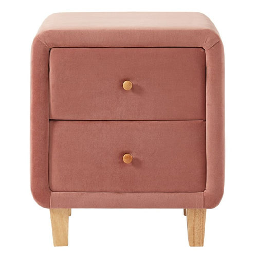 Table chevet en tissu rose poudré - 2 tiroirs - Collection Milo