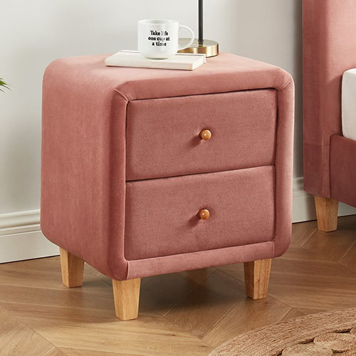 Table chevet en tissu rose poudré - 2 tiroirs - Collection Milo