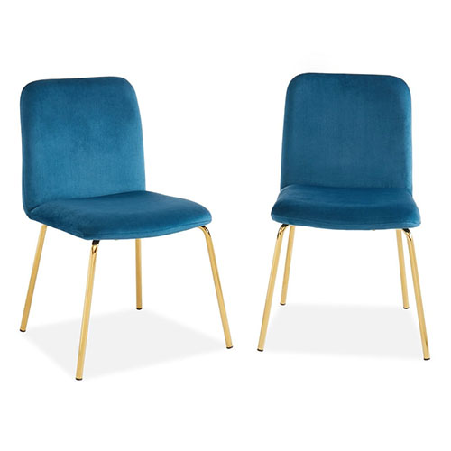 Lot de 2 chaises en velours bleu canard piètement en métal doré - Collection Sophie - ELLE DECO